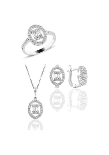 Gümüş Rodyumlu Oval Gümüş Düz Baget Taşlı Üçlü Set