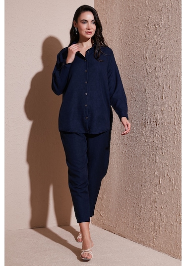 Lela Keten Karışımlı Regular Fit Lastikli Bel Uzun Kollu Alt Üst Bayan Takım 6696622 Lacivert