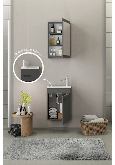 Biani Fix Loft Mini 42 Cm Banyo Dolabı,Seramik Lavabolu, Aynalı,Lavabo Dahil,Mdf,Mat Gri Biani Fix Loft Mini 42 Cm Banyo Dolabı,Seramik Lavabolu, Aynalı,Lavabo Dahil,Mdf,Mat Gri