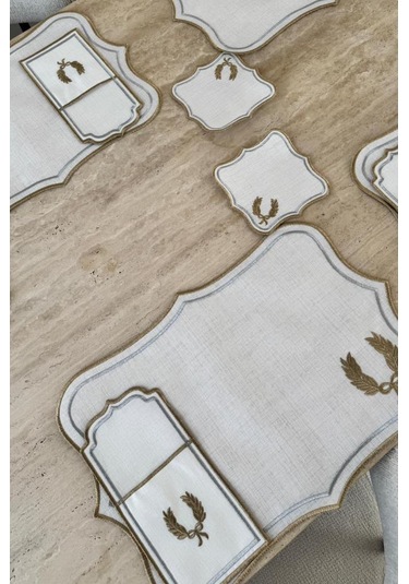 Edalım Keten Nakışlı Amerikan Servis Takımı 19 Parça Krem