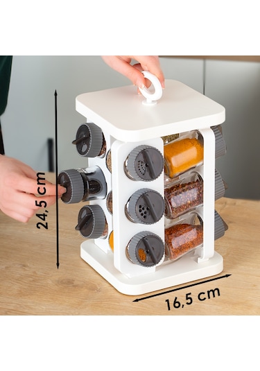 Porsima 1081 Kare Döner Standlı Döner Kapaklı Cam Baharatlık Antrasit - Beyaz