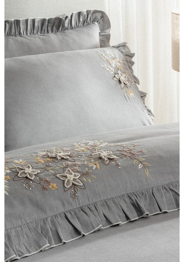 Ecocotton Zaira Gri %100 Organik Pamuk Çift Kişilik Nevresim Takımı Gri