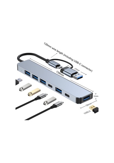 Youmex Usb-c Ve Usb-a'dan 7 Çıkışlı Usb Hub: Usb3.0, 4xusb2.0, Pd Şarj Ve Veri Portu - Uzay Gri
