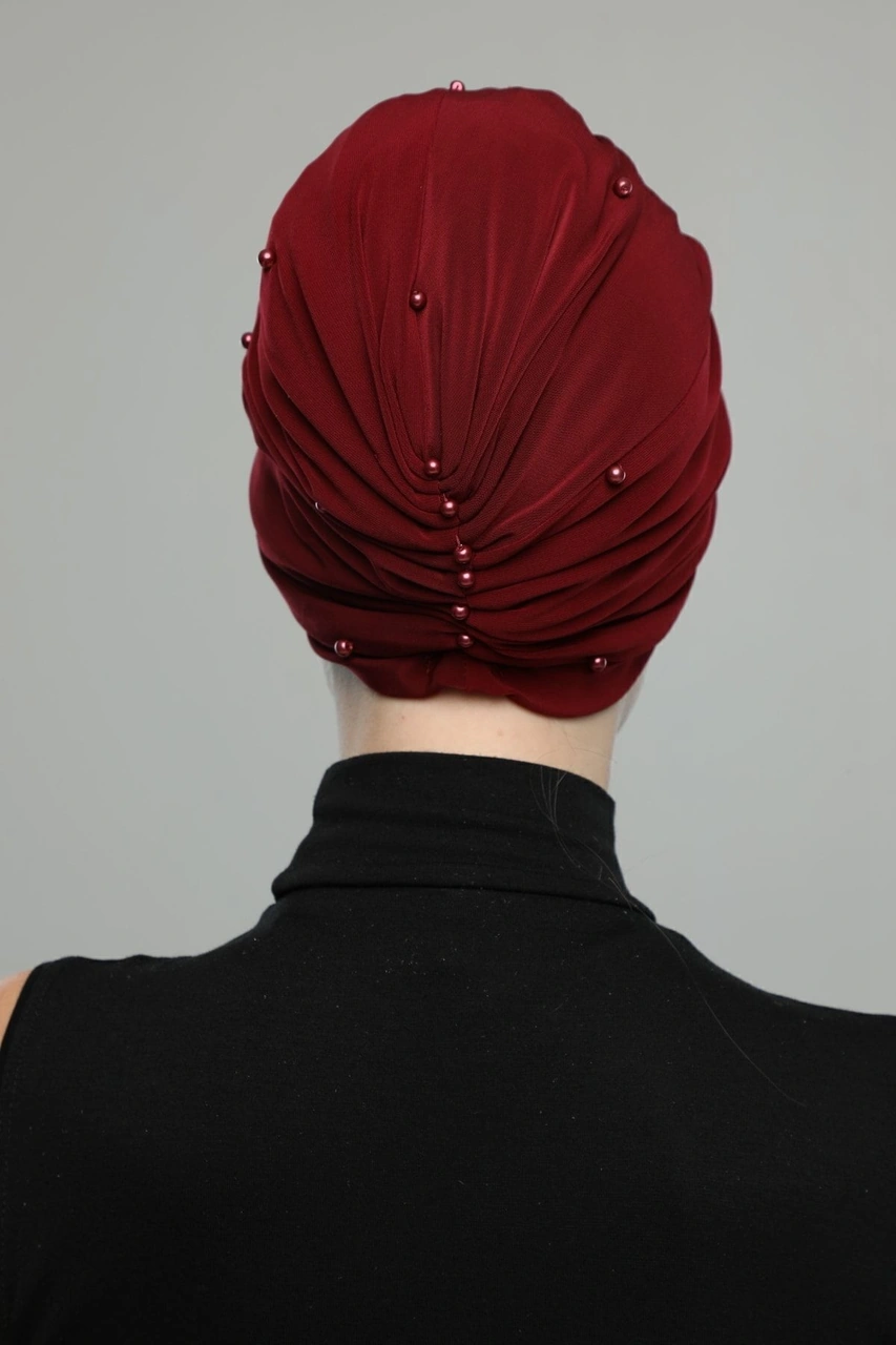 Kopma Astarlı Işlemeli Bordo Geniş Sırma Motifli Hazır Türban Tesettür Abiye Bone Bordo Geniş Sırma