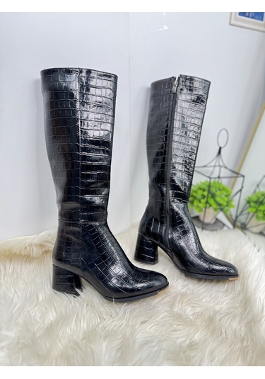 Günlük Kadın Yüksek Kalın Topuklu Fermuarlı Diz Altı Rahat Çizme 3001 Siyah Krokodil