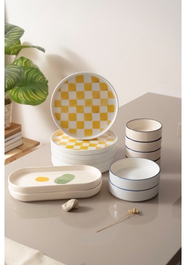 Kevin Seramik Modern Hand Made 14 Parça 6 Kişilik Lüxs Kahvaltılık Sunum Tabağı Seti Mavi - Sarı - Yeşil