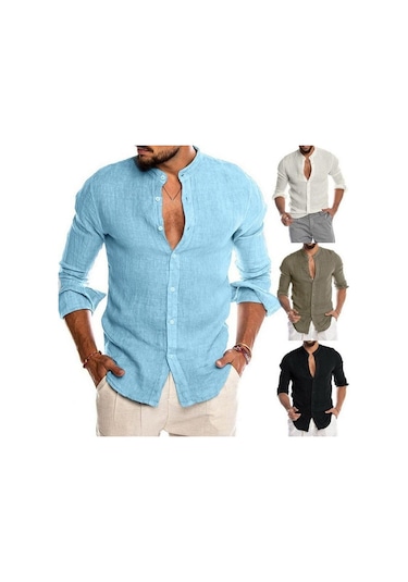 Siyah Erkek Pamuklu Keten Uzun Kollu Henley Gömlek Rahat Bol Düğmeli Üstler Tişört Siyah