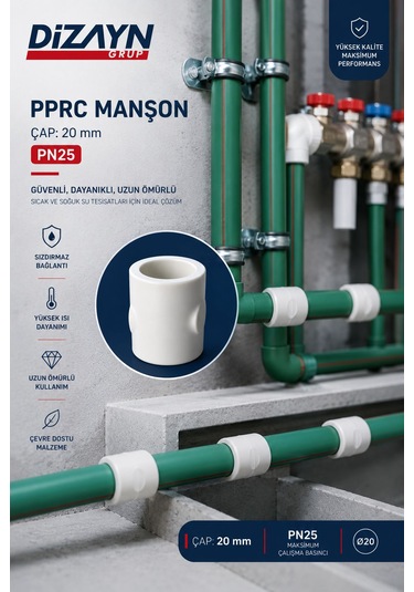 Dizayn Pprc Manşon 20 Mm 100 Adet Pn25 Temiz Su Tesisat Ek Parçası