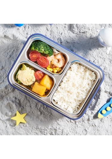 Dekorasyaa Mavi Çocuk Beslenme Kabı - Bölmeli Lunchbox - Vakumlu - 3 Bölmeli Mavi
