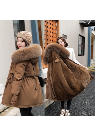 Snapbuy Kalın, Yumuşak Dolgulu, Midi Boy, Kapüşonlu, Kürk Detaylı Kadın Mont Kahve
