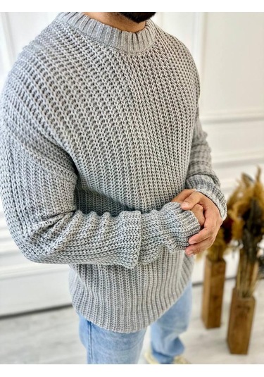 Kazak Oversize Çift Kat Zincir Örgü Naturel Pamuk Bol Kesim Tüylenmez Triko Kazak Gri