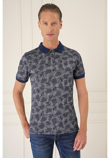 Slim Fit Dal Yaprak Desen Polo Yaka Pamuklu Lacivert Tişört Ts 884 Lacivert