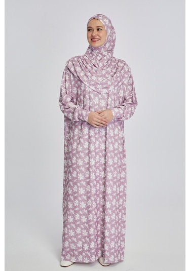 Pratik Tek Parça Manolya Desenli Namaz Elbisesi Pembe