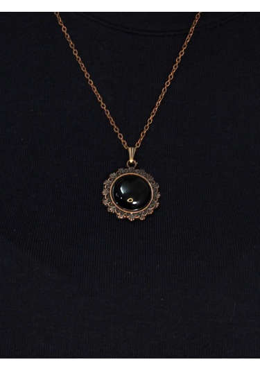 Doğal Taş Oniks Doğal Taşlı Desenli Otantik Kadın Kolye 45 Cm Zincirli Bakır Rengi Euk28o2 Siyah