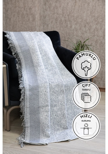 Merlin Pamuklu Saçaklı Koltuk - Çekyat Örtüsü 170x220 - Gri Gri