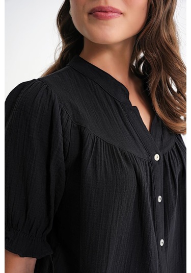 4725 Kadın Büzgü Robalı Kolu Fırfırlı Müslin Gömlek Siyah Siyah