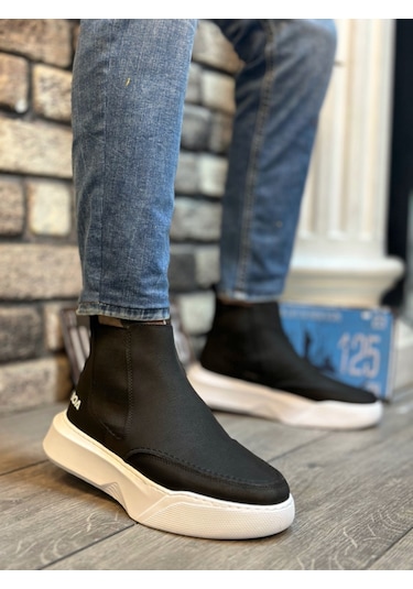 Ba0150 Bağcıksız Erkek Yüksek Taban Cilt Siyah Beyaz Spor Bot 001