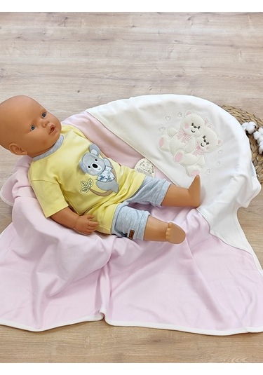 %100 Pamuklu & Mevsimlik Bebek Battaniyesi - Kahverengi & Ayıcık Nakışlı Bebek Örtüsü 80x90 Cm Pembe