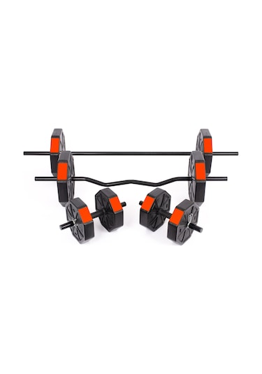 Tan Spor 60 KG Dambıl Halter Ağırlık Full Kısa + Düz + Z Bar Set Kırmızı Kapaklı