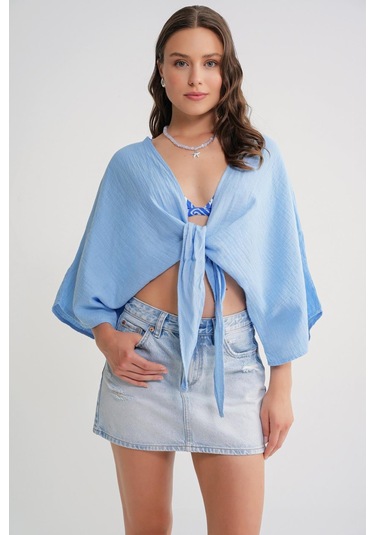4723 Kadın Önü Bağlamalı Bolero Bluz Bebe Mavi Bebe Mavi