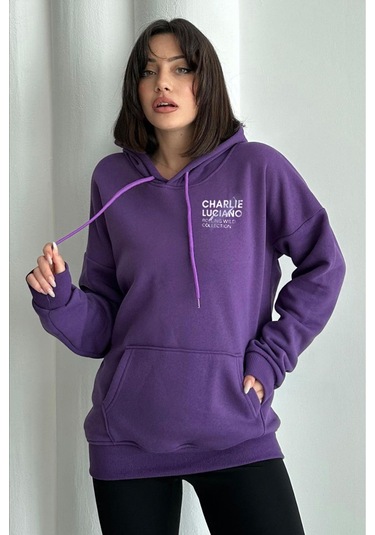 Kadın Mor Charlie Luciano Baskılı Oversize Kapüşonlu Sweatshirt Mor