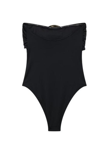 Seksi Monokini Bandeau Kolsuz Slim Fit Tek Parça Bikini Metal Takılarla Karın Kontrol Hızlı Kuruyan Tek Parça Mayo Kahverengi