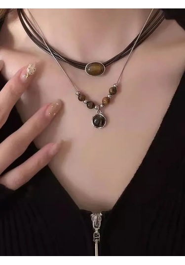 Proshik Kahverengi Taşlı Choker Kolye Seti 2 Adet 321031771