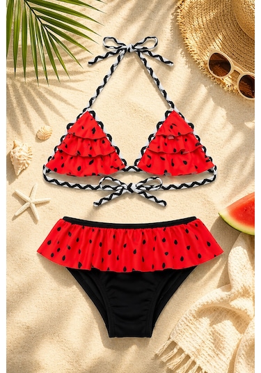 Beniizle Puan Desenli Kız Çocuk Bikini Takımı Kırmızı