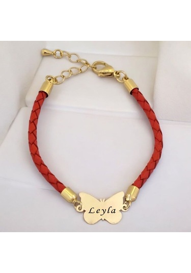 Leyla İsmine Özel Turuncu Derili Kelebek Motifli 14 Ayar Altın Plakalı Hediye Bileklik-502isim Leyla