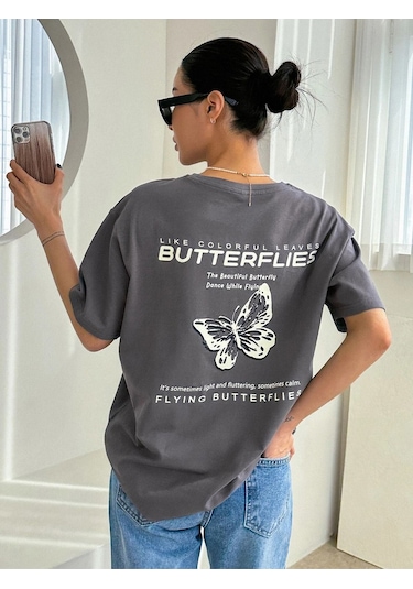 Füme Oversize Butterflies T-shirt - Oversize Baskılı Gri