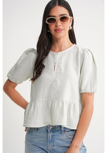 4713 Kadın Beli Büzgülü Kolu Lastikli Bol Müslin Bluz Adaçayı Adaçayı