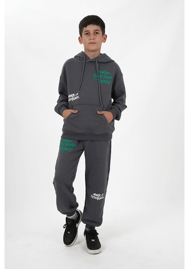 Erkek Çocuk Üç İplik Şardonsuz Kumaş Baskılı Kapüşonlu Eşofman Takımı Siyah