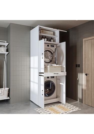 Dora Banyo Dolabı Kapaklı Çamaşır Ve Kurutma Makinesi Dolabı Mat Beyaz