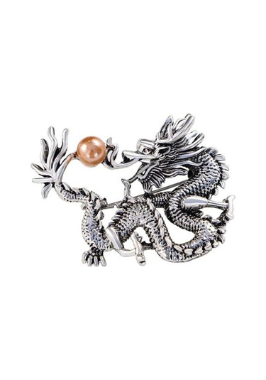 Gümüş Çin Tarzı Zodyak Ejderha Broş Sahte İnci Dekor Bahar Şenliği Pin Karikatür Hayvan Şekli Takım Elbise Yaka Şapka Çanta Rozeti Gümüş