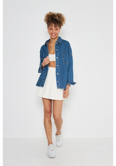Kutaf Mavi Oversize Denim Gömlek Mavi