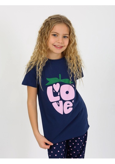 Kız Çocuk Kısa Kollu %100 Pamuklu Pijama Takımı Cute Love Lacivert