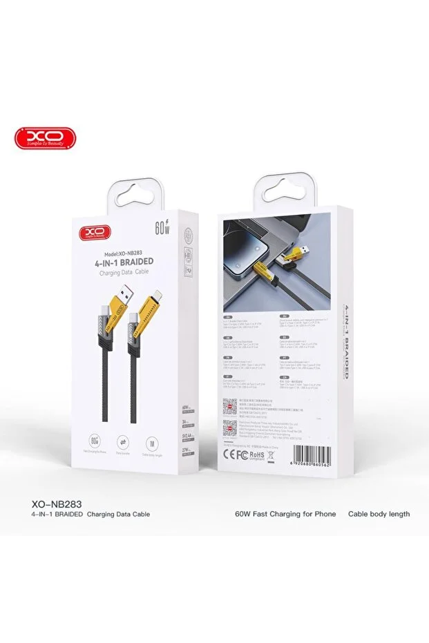 Xo-nb283 60w Hızlı Fast Destekli 4 Lu Usb-a Type-c Lightning Dayanıklı O Rgu Lu Data S Arj Kablosu -
