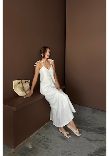 Askılı Uzun Salaş Müslin Elbise - Beyaz Beyaz