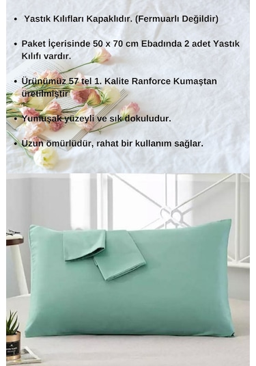 Mint Renkli Pamuklu Ranforce Kumaştan Yastık Kılıfı 2 Adet