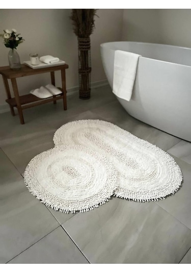 Makaroni Doğal Pamuklu 2'li Banyo Paspas Seti 60x100+50x60 Cm Beyaz