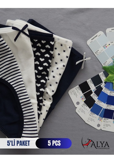 Alya Underwear Kız Çocuk Kalpli Dokuma Lastik Pamuklu Kumaş Slip Külot 5'li Paket 5 Adet Beyaz Lacivert P21
