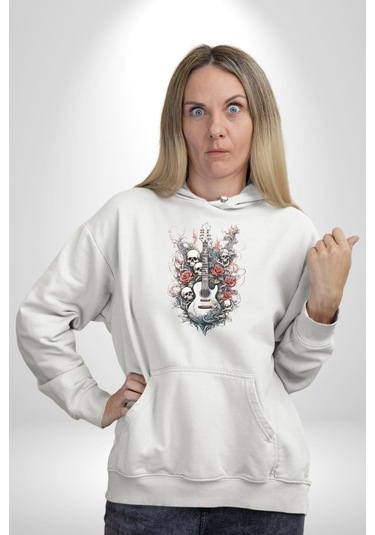Gitar Kafatası Güller Doğa Uyumu Kadın Erkek Beyaz Kapüşonlu Sweatshirt Hoodie Beyaz