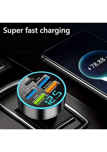 5 Port Usb Süper Hızlı Şarj Akıllı Telefon Şarj Algılama Dijital Ekran Araç Adaptörü Cep Telefonu Şarj Cihazı