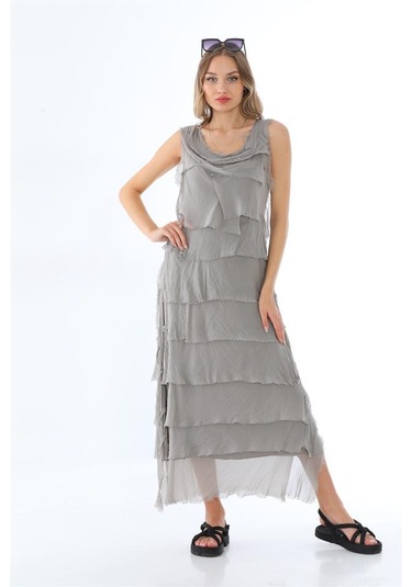 Italyan 2 Beden İnce Gösteren Kat Kat Kolsuz Ipek Elbise BEJ