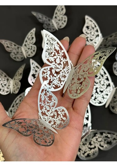 Damani Duvar Dekoru Gümüş Rengi 3d Parıltılı Kelebekler 144281125 Gri
