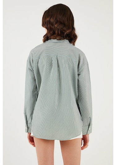 Lela Regular Fit Uzun Kollu Cepli Çizgili Bayan Gömlek 6772895 Yeşil
