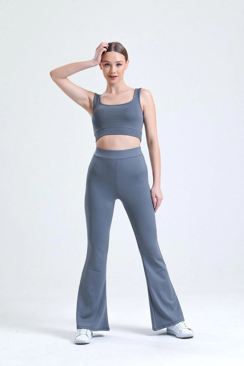 Siyah Yüksek Bel Fitilli Ispanyol Paça Interlok Örme Kadın Tayt Antrasit