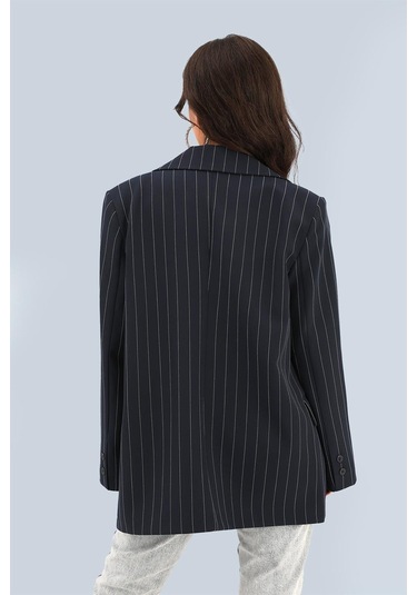 Blazer Ceket Çizgili Atlas Kumaş - Lacivert-lacivert Lacivert