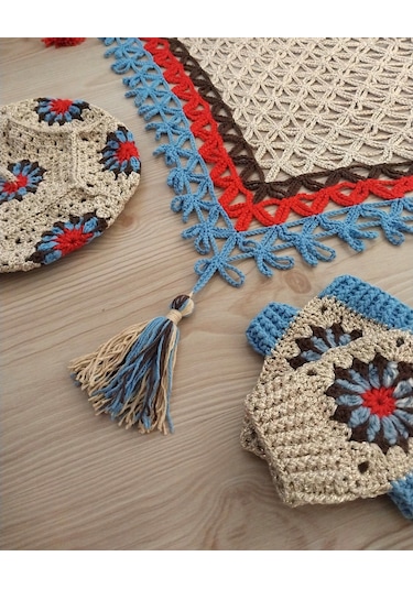 Ressam Bereli Fular Eldiven Takımı , El Yapımı Bere Şal Set Bej