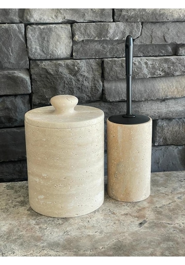 Traverten Doğal Taş Çöp Kovası Ve Wc Fırçalığı 2'li Mat Siyah Fırça Beyaz
